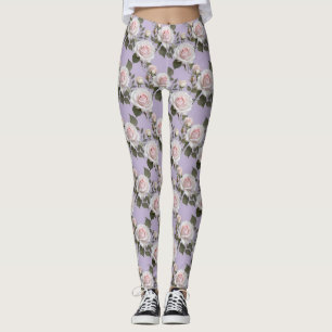 Soft White And Blush Pink Roses On Smoky Lavender Leggings