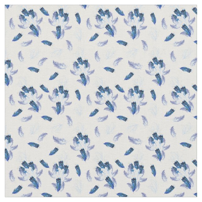 Soft White,Blue-Lilac Feathers Repeat Seamless Fabric (Close Up)