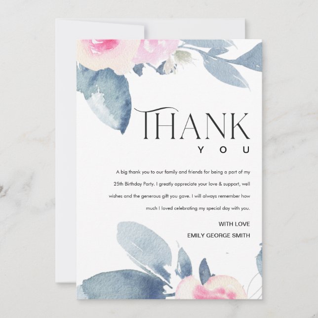 SOFT WHITE BLUSH BLUE FLORAL 25TH ANY AGE BIRTHDAY THANK YOU CARD (Front)