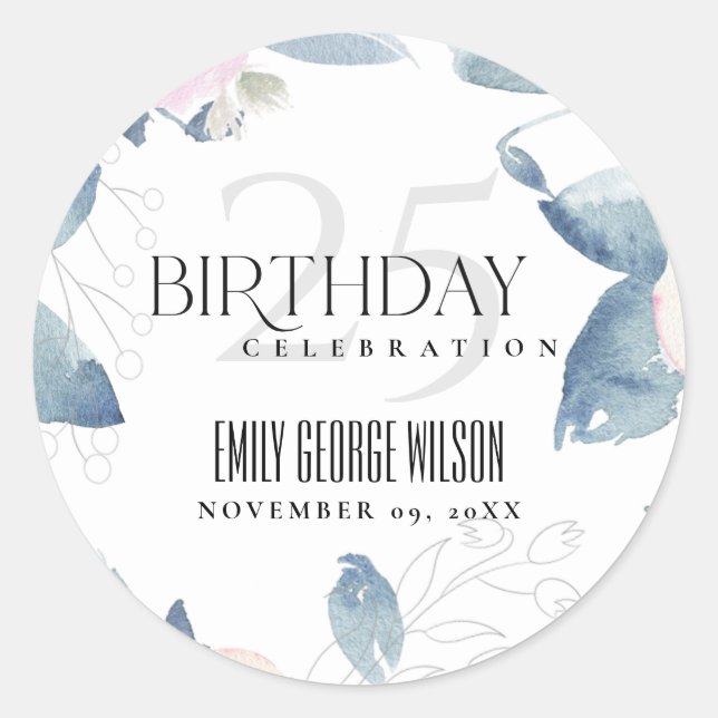 SOFT WHITE BLUSH BLUE FLORAL ANY AGE 25TH BIRTHDAY CLASSIC ROUND STICKER (Front)