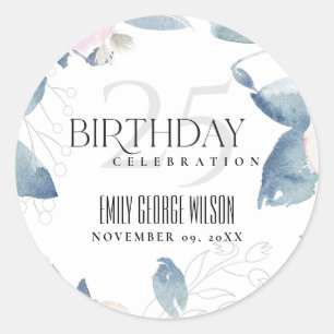 SOFT WHITE BLUSH BLUE FLORAL ANY AGE 25TH BIRTHDAY CLASSIC ROUND STICKER