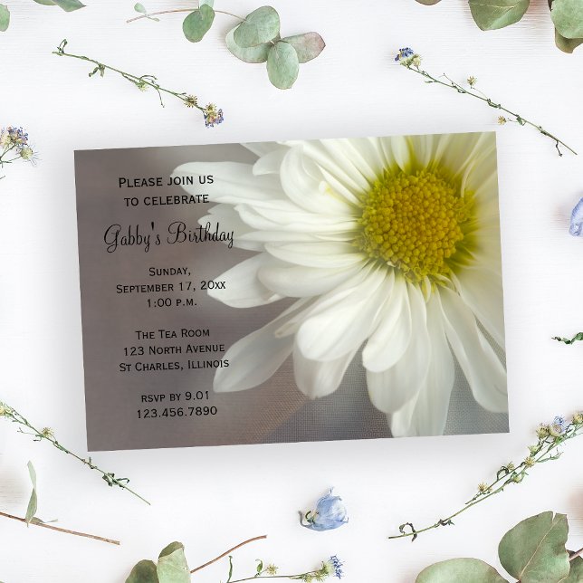 Soft White Daisy on Gray Birthday Party Invitation (Creator Uploaded)
