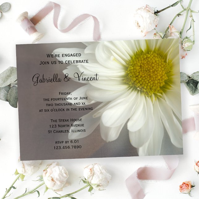 Soft White Daisy on Grey Engagement Party Invitation (Creator Uploaded)