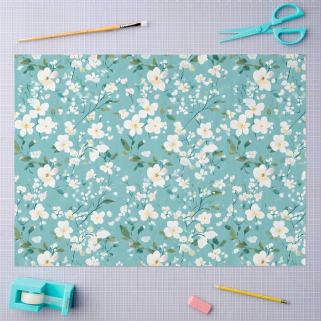 Soft White Floral Green Blue Elegance Decoupage  Tissue Paper (Craft)