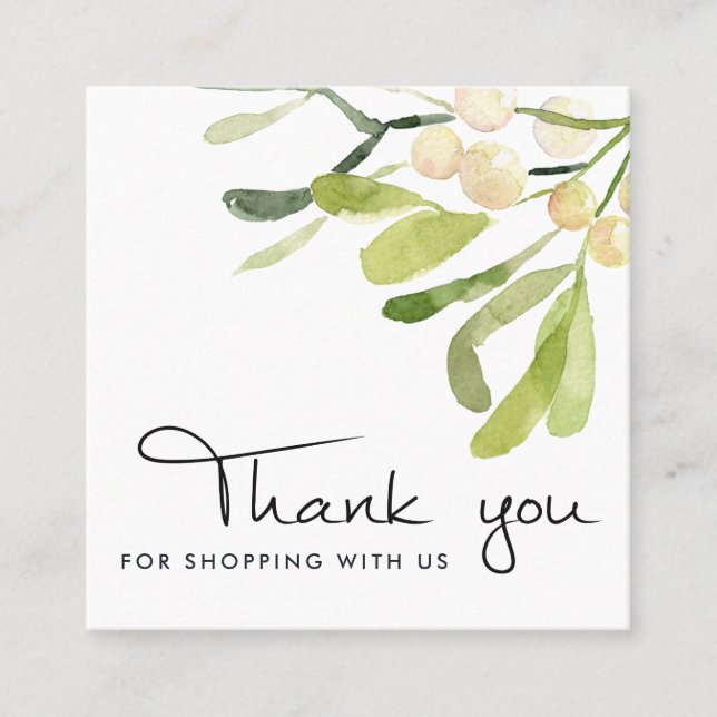 SOFT WHITE GREEN SNOW BERRY CHRISTMAS THANK YOU SQUARE BUSINESS CARD (Front)