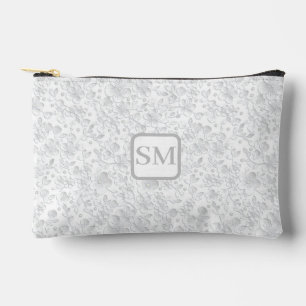 Soft White Grey Floral Monogram Accessory Pouch