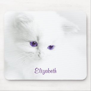 Soft White Kitten with Purple Eyes Personalised Mouse Mat