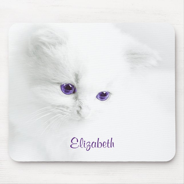 Soft White Kitten with Purple Eyes Personalised Mouse Mat (Front)