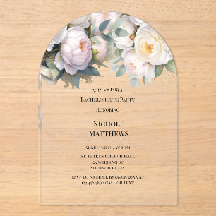 Soft White Peony with Eucalyptus Bachelorette Acrylic Invitations