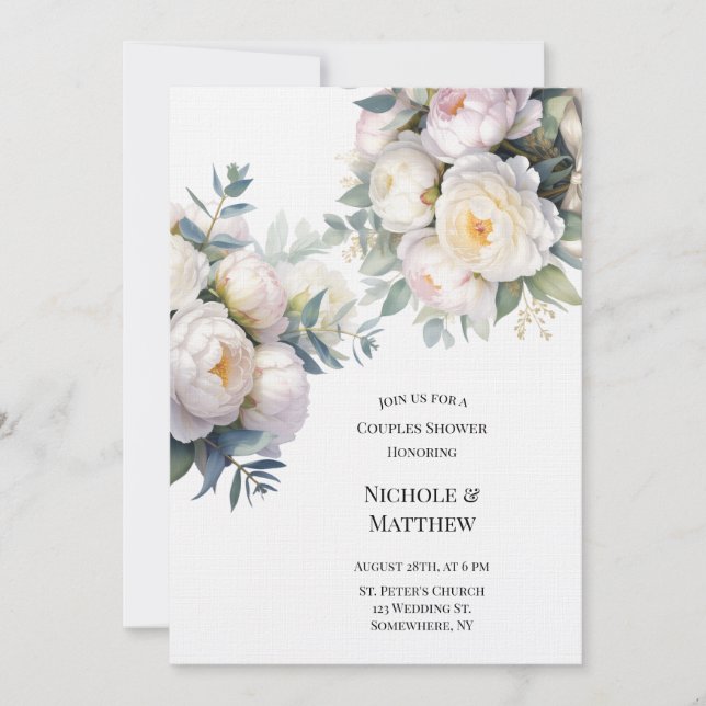 Soft White Peony with Eucalyptus Couples Shower Invitation (Front)