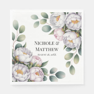 Soft White Peony with Eucalyptus Leaves Wedding Napkin