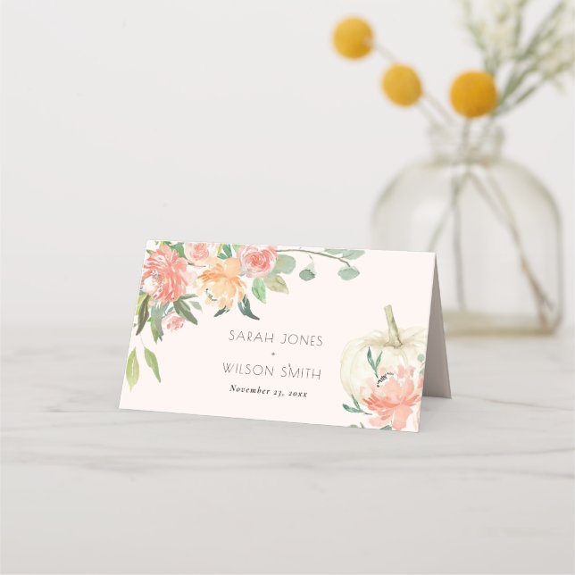  Soft White Pumpkin Blush Floral Wedding Place Card (Front)