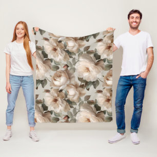 Soft White Rose Beige Floral Pattern Fleece Blanket