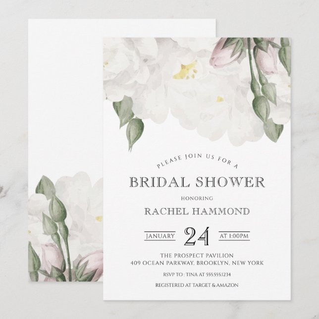 Soft White Roses Bridal Shower Invitation (Front/Back)