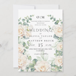 Soft White Roses Watercolor Elegant Wedding Invitation