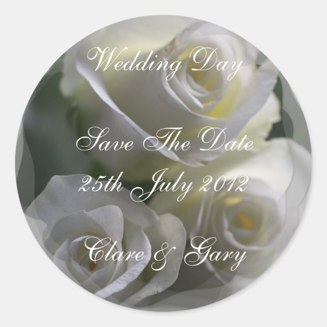 Soft White Roses Wedding Day Date stickers (Front)