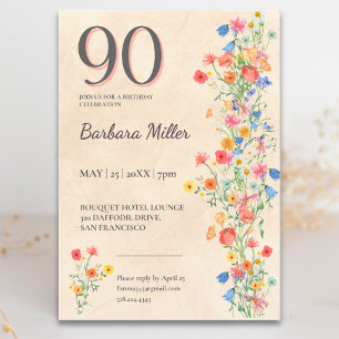 Soft Wildflower 90th Birthday Elegant Party Invitation