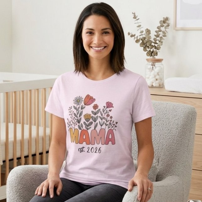 Soft Wildflower Mama Est Year Boho Design T-Shirt (Creator Uploaded)