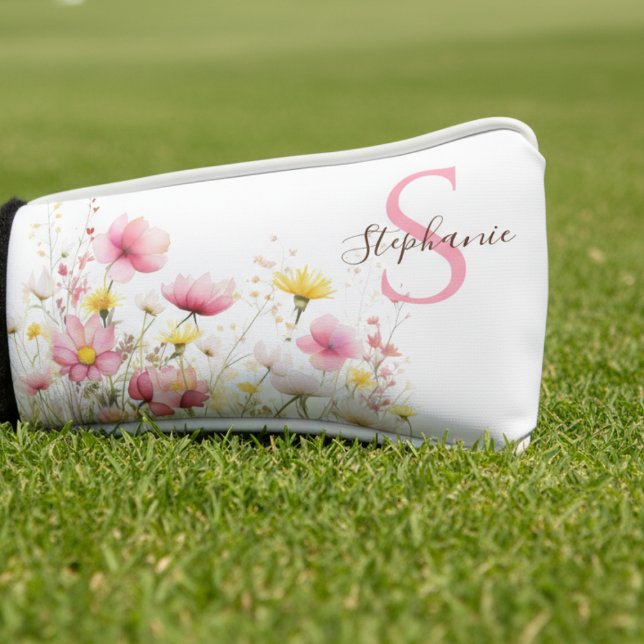 Soft Wildflower Monogram Golf Head Cover (Personalized floral golf club cover)