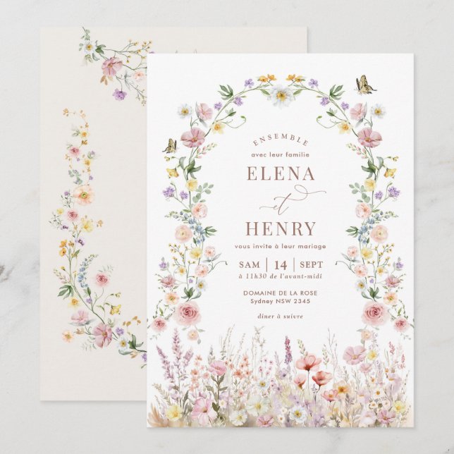 Soft Wildflower Secret Garden Wedding IN FRENCH  Invitation (Front/Back)