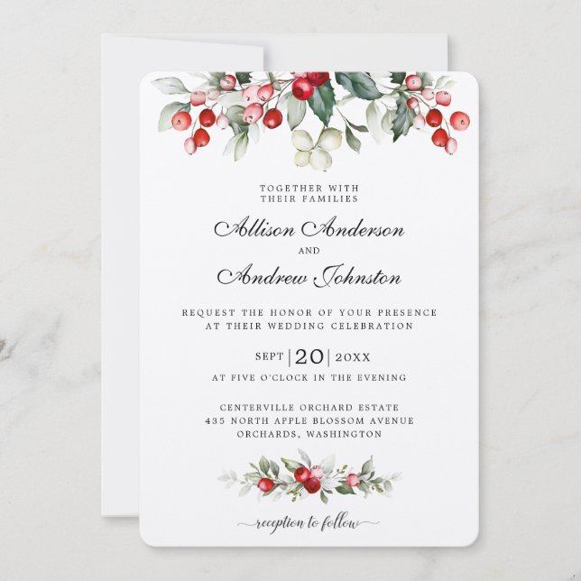 Soft Winter Berry Christmas Wedding Invitation (Front)