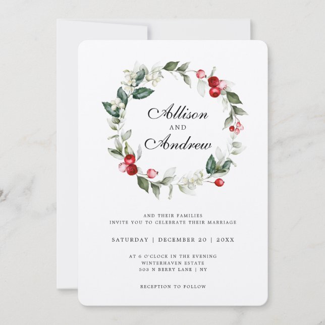 Soft Winter Berry Christmas Wedding Invitation (Front)