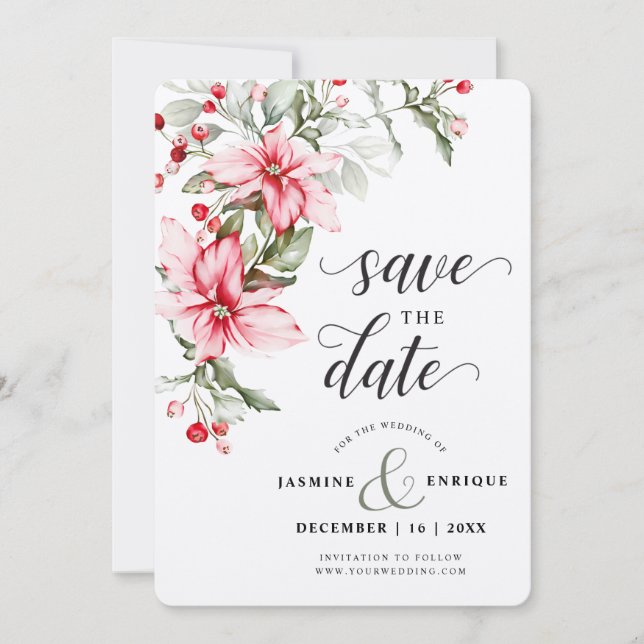 Soft Winter Berry Christmas Wedding | Photo Save The Date (Front)
