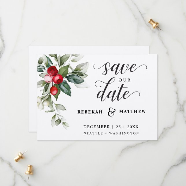 Soft Winter Berry Christmas Wedding Save The Date (Front/Back In Situ)