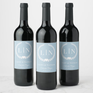 Soft Winter Blue Minimalist Monogram Initials Wine Label