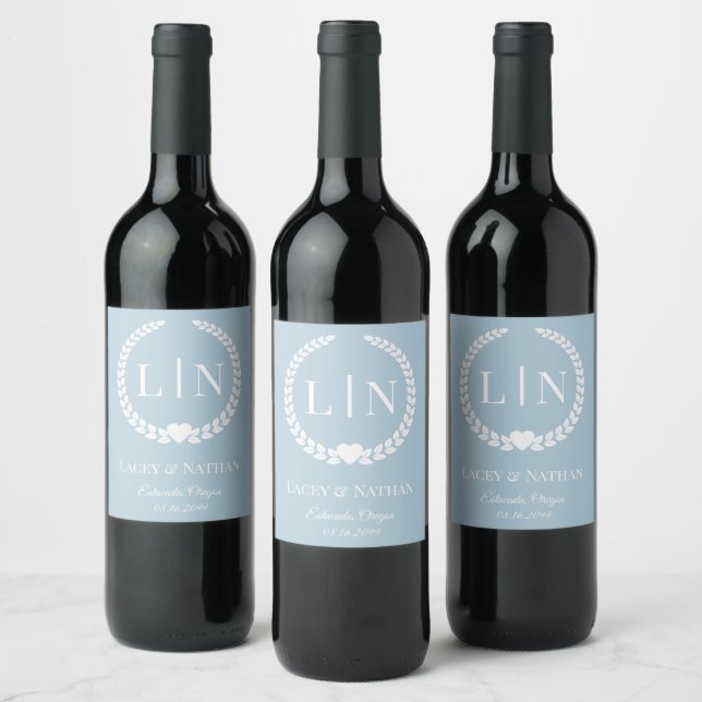 Soft Winter Blue Minimalist Monogram Initials Wine Label (Bottles)