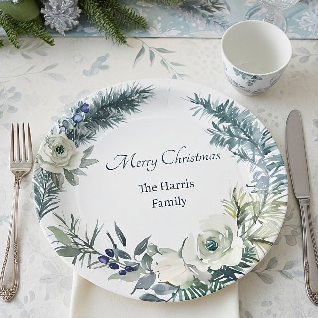 Soft winter greenery personalised Christmas Paper Plate (Creator Uploaded)