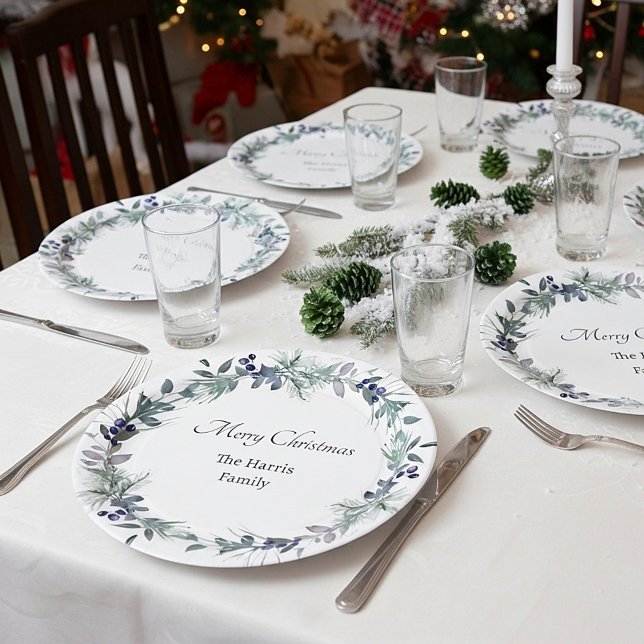 Soft winter greenery wreath personalised Christmas Paper Plate (Creator Uploaded)