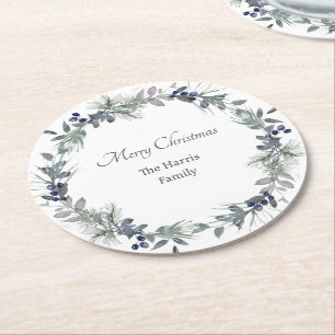Soft winter greenery wreath personalised Christmas Round Paper Coaster