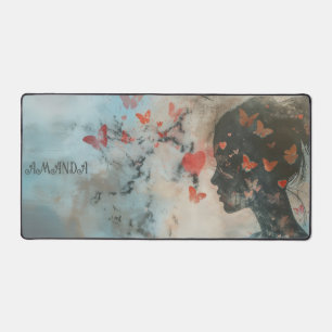 Soft Woman Silhouette with Hearts Desk Mat