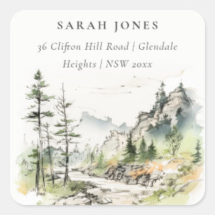 Soft Woods Mountain Landscape Sketch Address Square Sticker