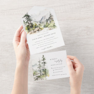 Soft Woods Mountain Landscape Sketch Wedding All In One Invitation