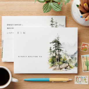 Soft Woods Mountain Landscape Sketch Wedding Envelope