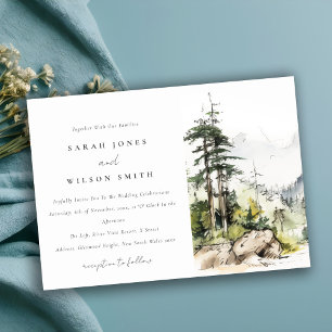 Soft Woods Mountain Landscape Sketch Wedding Invitation