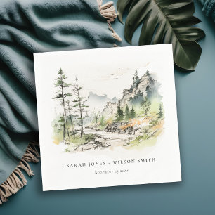 Soft Woods Mountain Landscape Sketch Wedding Napkin