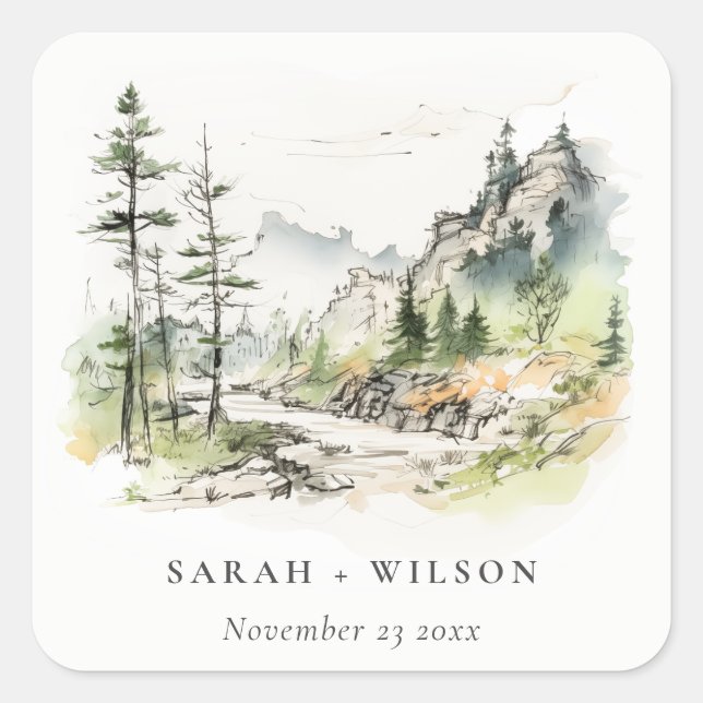 Soft Woods Mountain Landscape Sketch Wedding Square Sticker (Front)