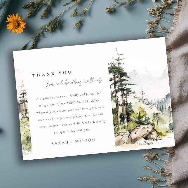 Soft Woods Mountain Landscape Sketch Wedding Thank You Card (Creator Uploaded)