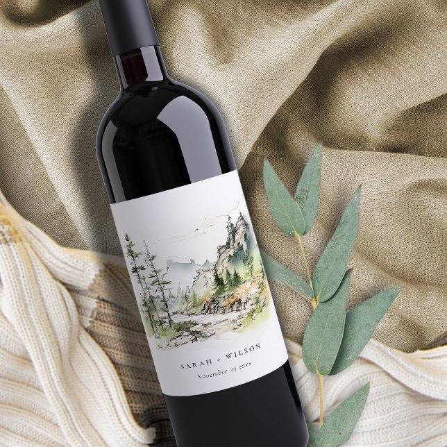 Soft Woods Mountain Landscape Sketch Wedding Wine Label (Creator Uploaded)