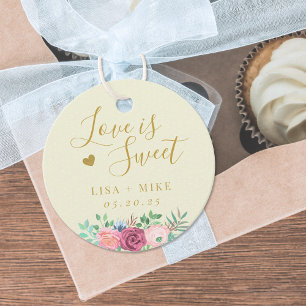 Soft Yellow and Gold Floral Love is Sweet Wedding Favour Tags