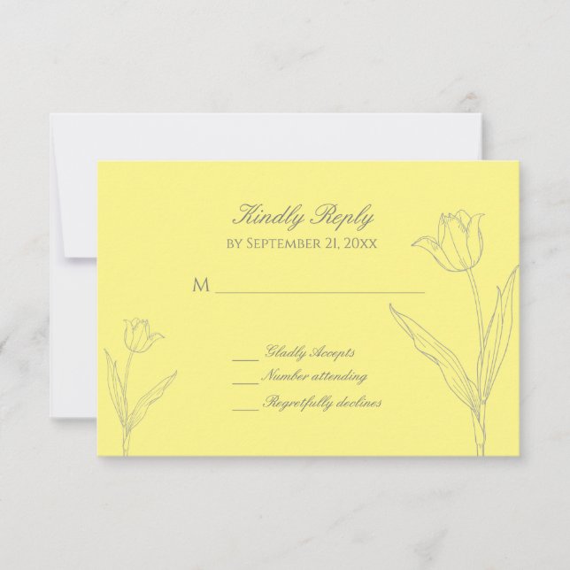Soft Yellow and Grey Minimalist Tulip Wedding RSVP Card (Front)