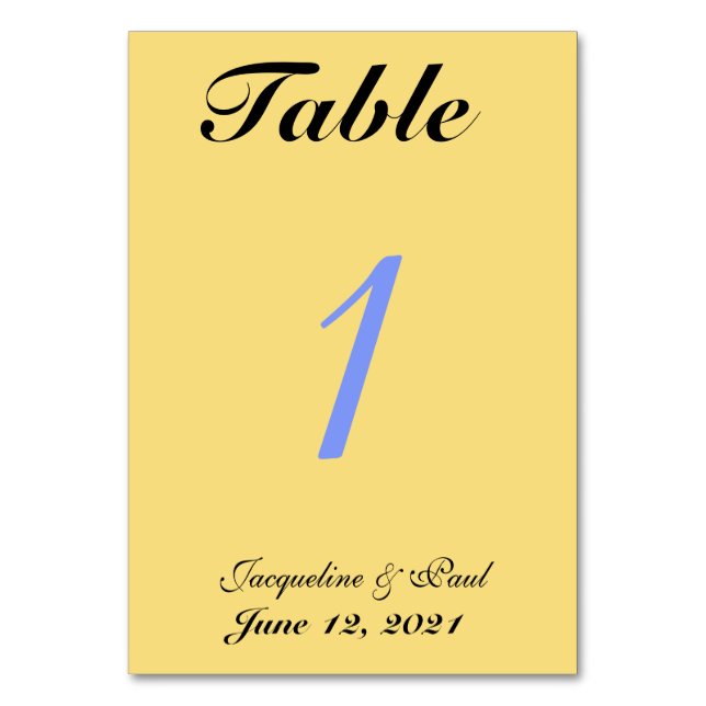 Soft Yellow Blue Wedding Table No. Cards (Front)