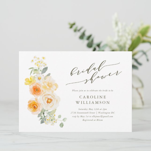 Soft Yellow Floral Watercolor Script Bridal Shower Invitation (Standing Front)
