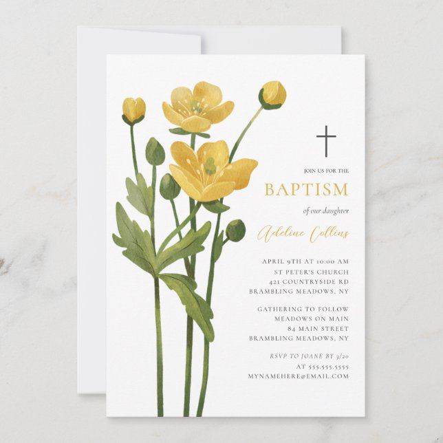Soft Yellow Flowers Elegant Script Baptism Invitation (Front)