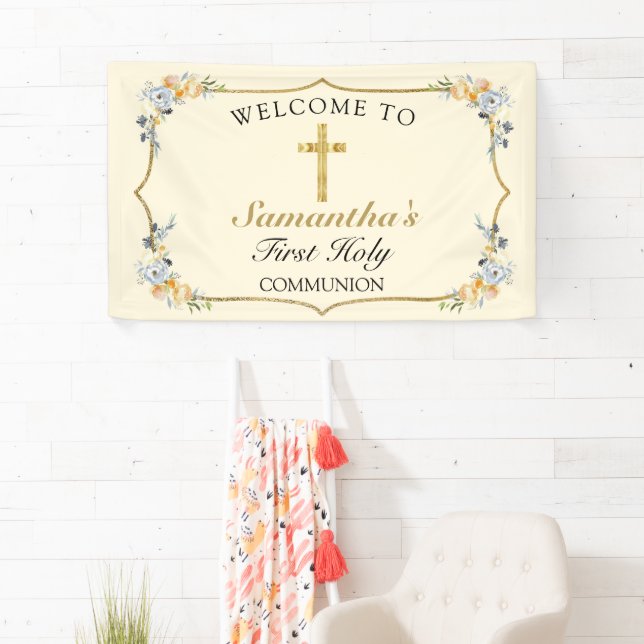 Soft Yellow Gold Cross 1st Communion Welcome Banner (Insitu)