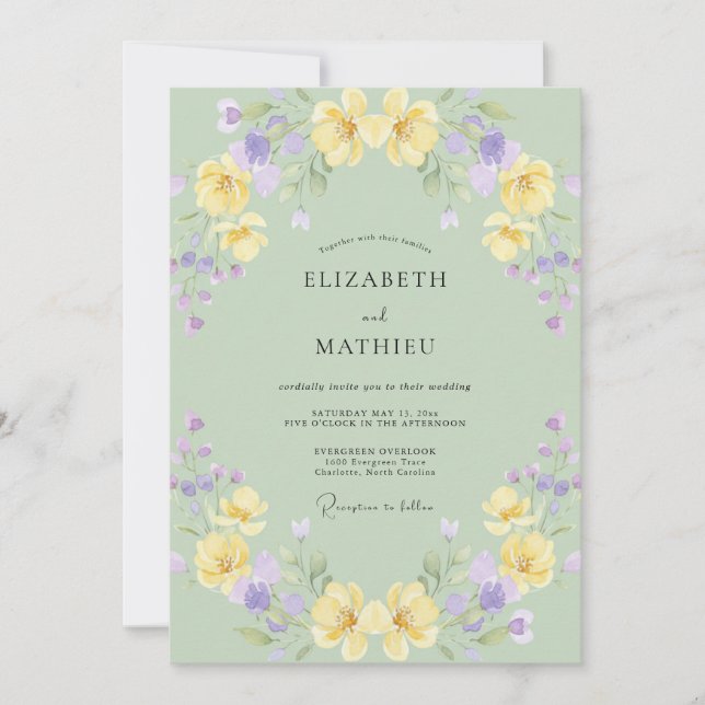 Soft Yellow Lavender Poppy Wedding Invitation (Front)