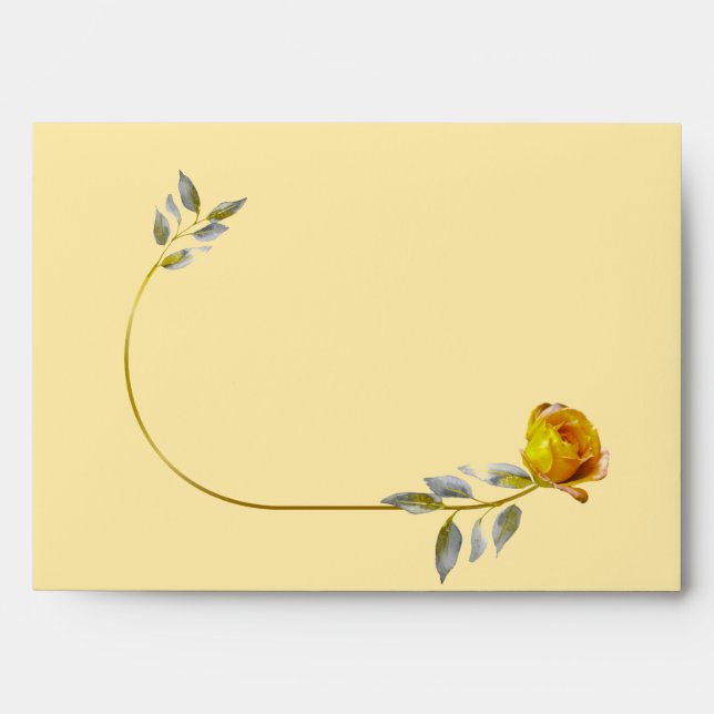 Soft Yellow Peace Rose w' Gold Green Leaf Wedding  Envelope (Front)